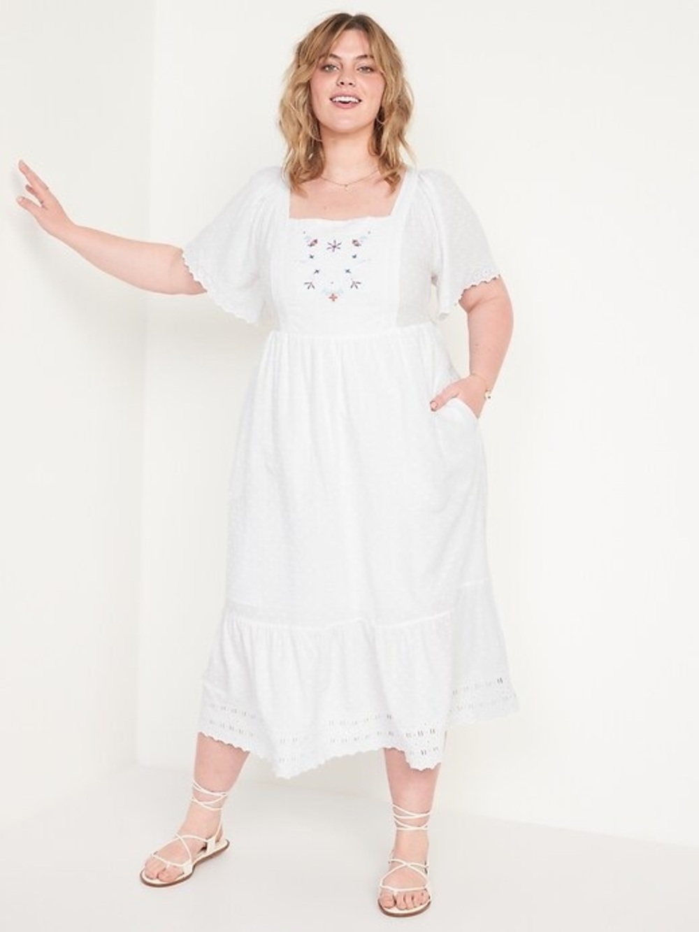 Old Navy White Embroidered Square-Neck Midi Dress